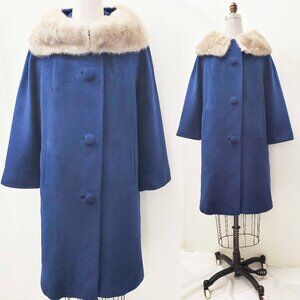 Vintage 60s Dumas California USA Womens Blue Wool Coat Mink Collar M/L